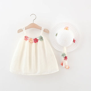 Flower Applique Dress With Straw Hat - RYAN AND REMI