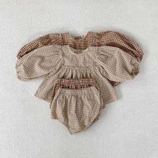 Plaid Balloon Sleeve Linen Bloomer Set - RYAN AND REMI