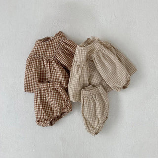 Plaid Balloon Sleeve Linen Bloomer Set - RYAN AND REMI