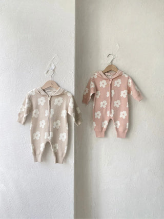 Floral Knitted Zip Up Hooded Jumpsuit - RYAN AND REMI
