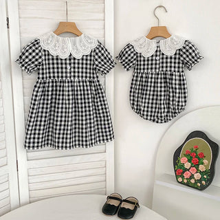 Checkered Eyelet Collar Sister Outfit - RYAN AND REMI