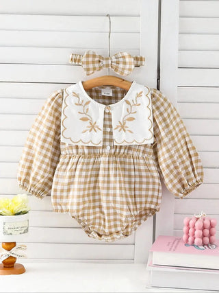 Checkered  Embroidered Collar Romper - RYAN AND REMI