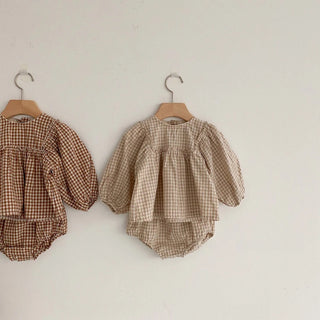 Plaid Balloon Sleeve Linen Bloomer Set - RYAN AND REMI