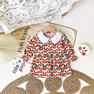 Solid Collar Floral Dress - RYAN AND REMI