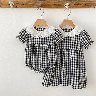 Checkered Eyelet Collar Sister Outfit - RYAN AND REMI