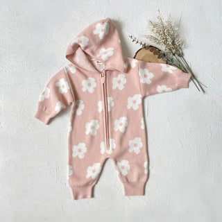 Floral Knitted Zip Up Hooded Jumpsuit - RYAN AND REMI