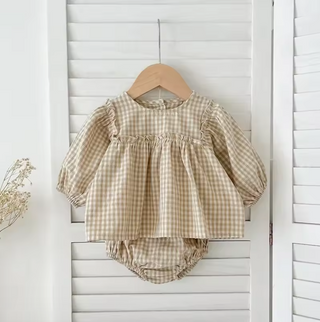 Plaid Balloon Sleeve Linen Bloomer Set - RYAN AND REMI