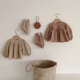 Plaid Balloon Sleeve Linen Bloomer Set - RYAN AND REMI