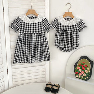 Checkered Eyelet Collar Sister Outfit - RYAN AND REMI