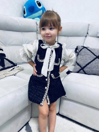 Toddler Girl Tie Neck Pearls Button Tweed Panel Dress - RYAN AND REMI