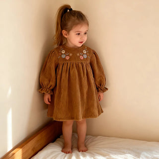 Corduroy Flower Embroidered Dress
