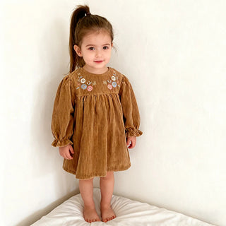 Corduroy Flower Embroidered Dress