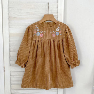 Corduroy Flower Embroidered Dress