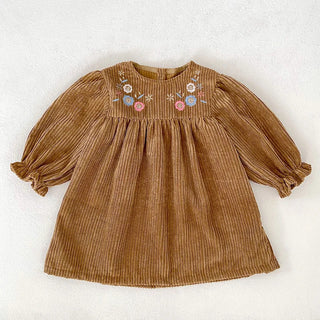 Corduroy Flower Embroidered Dress