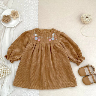 Corduroy Flower Embroidered Dress