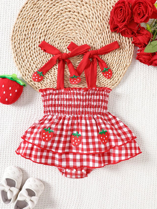 Baby Girl Strawberry Gingham Smocked Tie-Strap Romper Dress – Stretchy Shirred Bodice & Layered Skirt, Cute Summer One-Piece Out - RYAN AND REMI