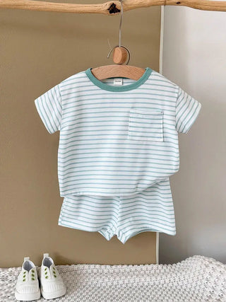 Summer Baby New Set Blue White Stripes Simple Comfortable Short Sleeves+Loose Sports Beach Shorts Boys Girls Clothing - RYAN AND REMI