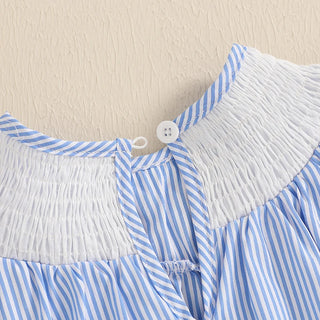 2025-02-21 Lioraitiin Baby Girls Romper Fly Sleeve Crew Neck Stripes Embroidery Stars Bow Infant Bodysuit 4th of July Clothing - RYAN AND REMI
