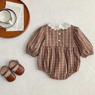 Brown Ruffled Collar Checkered Romper - RYAN AND REMI