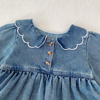 Spring and Autumn Baby Girls' jumpsuit, wave lace denim skirt, stylish outdoor Korean version, long sleeved crawl - RYAN AND REMI
