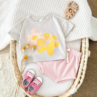 Flower Print T shirts Shorts Set