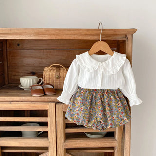 Autumn clothing 0-3 year old baby girl doll collar jacquard top+floral double-layer pants 2-piece set - RYAN AND REMI
