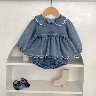 Spring and Autumn Baby Girls' jumpsuit, wave lace denim skirt, stylish outdoor Korean version, long sleeved crawl - RYAN AND REMI