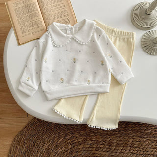 1-3 Years Toddler Girl 2Pcs Set Floral Embroidery Sweatshirt + Flare Pants Casual Daily Outfit for Baby Girls - RYAN AND REMI