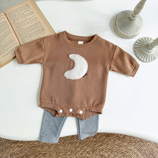 Spring Autumn Korean Style New Baby Boy Girl Clothes Set Moon Patch Long Sleeves Jumpsuit Grey Pants 2Pcs Kid Casual Cute Outfit - RYAN AND REMI