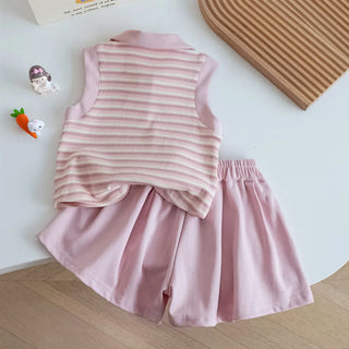 Baby Girl Summer Set Korean Style Polo Collar Striped Vest And Pleated Shorts Set Children's Outfit - RYAN AND REMI