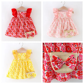 2 Pcs Summer New Dress Korean Edition Flying Sleeves Flower Printed Cotton Skirt Suitable for 0-3 Year Old Babies - RYAN AND REMI
