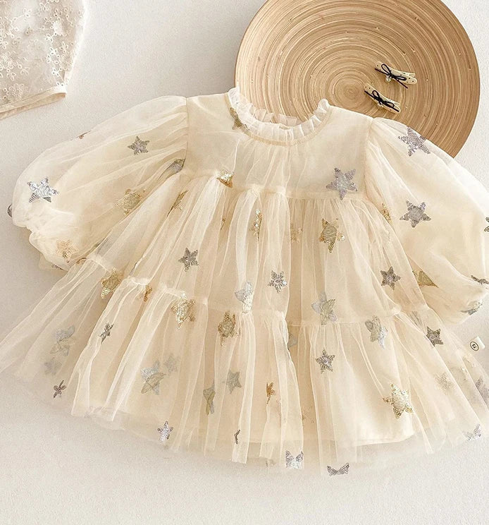 white star mesh dress Touch The Stars Gathered Mesh Mini Dress White