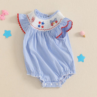 2025-02-21 Lioraitiin Baby Girls Romper Fly Sleeve Crew Neck Stripes Embroidery Stars Bow Infant Bodysuit 4th of July Clothing - RYAN AND REMI