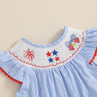 2025-02-21 Lioraitiin Baby Girls Romper Fly Sleeve Crew Neck Stripes Embroidery Stars Bow Infant Bodysuit 4th of July Clothing - RYAN AND REMI