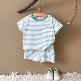 Summer Baby New Set Blue White Stripes Simple Comfortable Short Sleeves+Loose Sports Beach Shorts Boys Girls Clothing - RYAN AND REMI