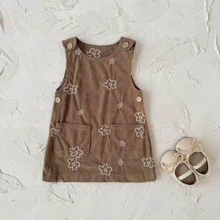 Autumn New Newborn Girls Sleeveless Dress Corduroy Small Flower Embroidered Baby Girl Strap Dress with Two Pockets - RYAN AND REMI