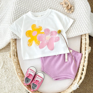 Flower Print T shirts Shorts Set