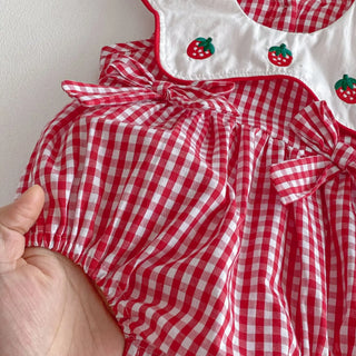 3M-2T Summer Korean Baby Clothing Strawberry Embroidery Girls Bodysuits Red Sleeveless Lace Collar Clothes for Newborns - RYAN AND REMI