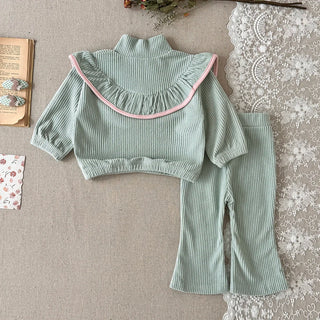 Baby Girl Mint Green Ribbed Lounge Set Half Zip High Neck Ruffle Top Flare Pants with Bow Soft Casual 2Pcs Outfit for Daily Wear - RYAN AND REMI