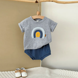 Korean StyleSummer Rainbow Embroidered Short Sleeve T-shirt Set for Preschool Children 6M-3Y Cute Boys And Girls Outfit - RYAN AND REMI