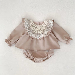 Autumn new baby girl princess jumpsuit Korean version lace lotus leaf collar long sleeved skirt bag fart - RYAN AND REMI