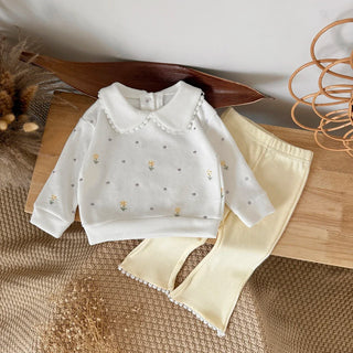 1-3 Years Toddler Girl 2Pcs Set Floral Embroidery Sweatshirt + Flare Pants Casual Daily Outfit for Baby Girls - RYAN AND REMI