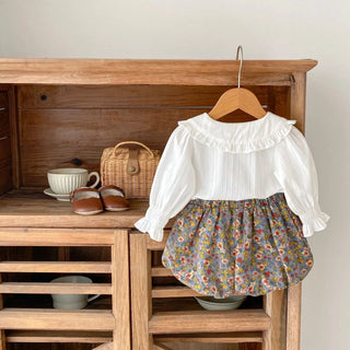Autumn clothing 0-3 year old baby girl doll collar jacquard top+floral double-layer pants 2-piece set - RYAN AND REMI