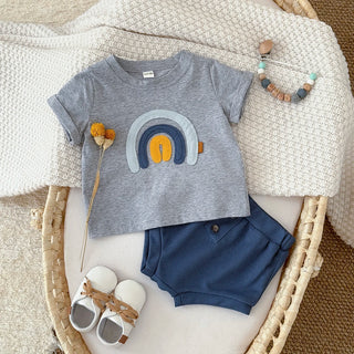Korean StyleSummer Rainbow Embroidered Short Sleeve T-shirt Set for Preschool Children 6M-3Y Cute Boys And Girls Outfit - RYAN AND REMI