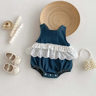 Korean-style summer baby girl Denim sleeveless lace jumpsuit, baby girl sweet lace jumpsuit, very suitable for going out to wear - RYAN AND REMI