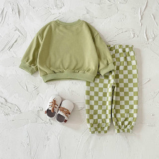 2PCS Spring Autumn Cotton Set For 0-3 Year Old Baby Comfortable Loose Solid Pullover Checked Pant Two Piece Baby Clothes - RYAN AND REMI