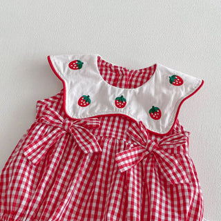 3M-2T Summer Korean Baby Clothing Strawberry Embroidery Girls Bodysuits Red Sleeveless Lace Collar Clothes for Newborns - RYAN AND REMI