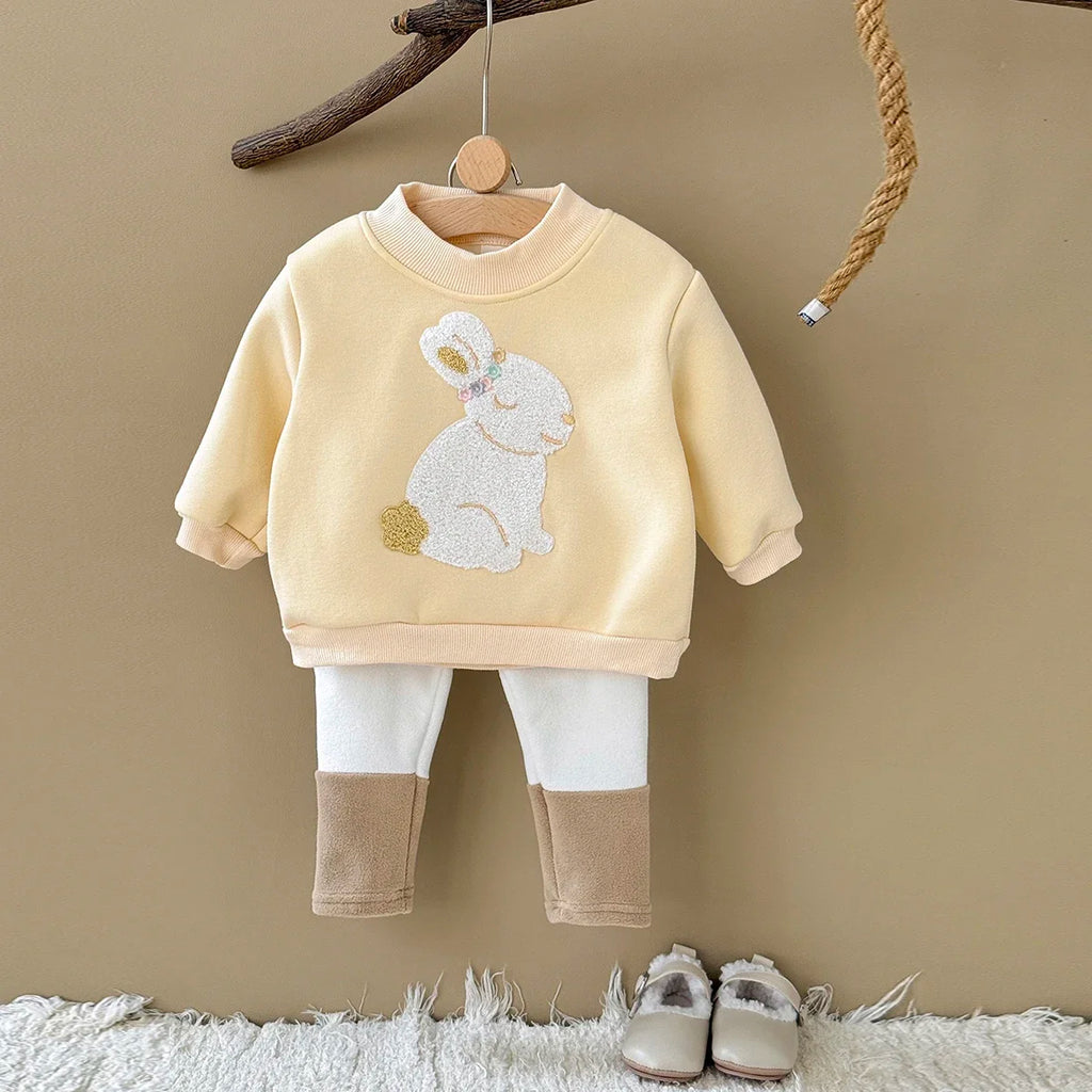 Colorblock Rabbit Plush Bunny Rabbit Embroidery Colorblock Pants Set | RYAN AND REMI