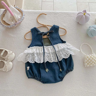 Korean-style summer baby girl Denim sleeveless lace jumpsuit, baby girl sweet lace jumpsuit, very suitable for going out to wear - RYAN AND REMI