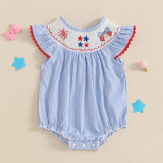 2025-02-21 Lioraitiin Baby Girls Romper Fly Sleeve Crew Neck Stripes Embroidery Stars Bow Infant Bodysuit 4th of July Clothing - RYAN AND REMI